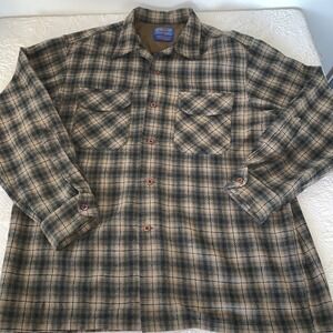 Vintage Pendleton Board Shirt Brown Shadow Plaid Loop Collar Wool Mens Large